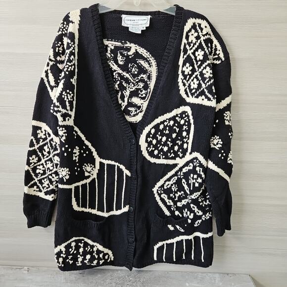 Adrienne Vittadini Button Cardigan Sweater Sz M 100% Cotton Abstract Black White - Picture 1 of 15